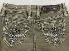 Rock Revival Margie Skinny Jeans Womens Sz 25 Olive Green Embroidered Rhinestone picture