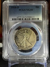 1918 D 50C WALKING LIBERTY HALF PCGS VG10 BETTER DENVER KEY DATE JUST GRADED picture
