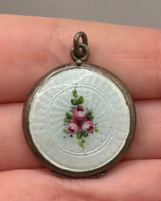 Vintage 800 Silver Guilloche Enamel Flower Locket Pendant Estate picture