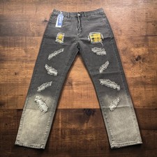 NEW Romwe Mens 32 Distressed Ombre Grey Jeans Yellow Plaid Patch Straight Leg picture