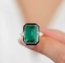 4.05 Ct Emerald Cut Natural Emerald & Diamond Wedding Ring 14K Yellow Gold picture