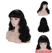 Vintage 50s Wig Black With Bangs Wavy Synthetic Hair for Women Cosplay picture