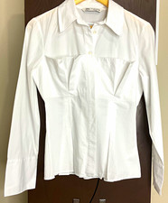 ZARA Women’s White Cotton Woven Pleated Collared Button-Up Blouse Size M picture