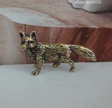 Vintage Solid Brass Mini Fox Figurine - Textured Animal Statue Desk Decor picture