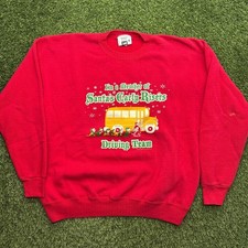 Vintage 90s Christmas Sweater Adult XL Red School Bus Elves Santa Lee Heavyweigh picture