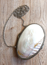 Vtg Mother of Pearl Clutch Bag Shell Pouch Shoulder Chain Hasp White Party L 8