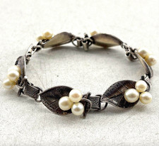 Ming's Akoya Pearl Leaf Bracelet Sterling Silver 925 1950s 20.5g Hawaii 7.25