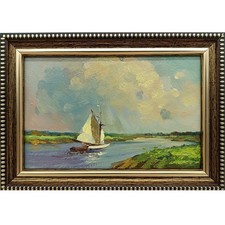 Sailboat River Landscape Original Oil Painting 6x4 Framed Signed Sailing Art Gif picture