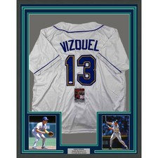Framed Autographed/Signed Omar Vizquel 35x39 Seattle White Jersey JSA COA picture