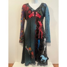 Desigual Black Patchwork Fit and Flare Dress Embroidered Roses Beaded Deer L picture