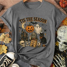 Tis The Season Halloween Pumpkin Ghost Black Cat Haunted House Womens T‑Shirt picture