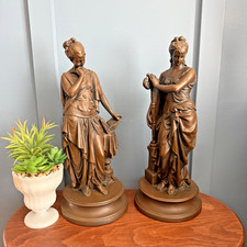 ESCO Classical Figurines Chalkware Goddess Pair Poet Musician Bronze Finish 17