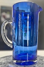VTG Hand Blown Cobalt Blue Pitcher MCM EmArt Glass Clear Applied Handle picture