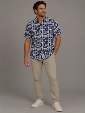 ROBERT GRAHAM Preowned Men's Blue White Print Short Sleeve Button Shirt M picture