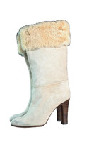 Vintage 1970s tall ivory white suede boots 7.5 faux shearling fur wood heels picture