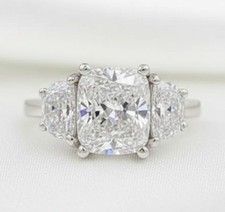 Elongated 3.50Ct Cushion IGI Certify Lab-Grown Diamond 3-Stone Ring 14k Gold picture