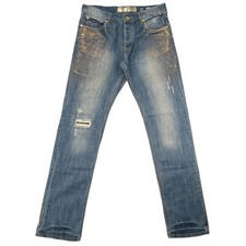 Born Fly Men's 34x32 Gold Paint Distressed Blue Denim Jeans Slim Straight Button picture