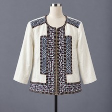 Chicos Jacket Womens 3 XL Ivory Novelty Embellished Blocked Cotton NWT $159 picture
