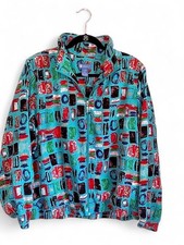 Vintage Koret Womens L Teal Abstract Print Jacket 80s 90s Shoulder Pads picture