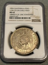 1894 Guatemala Peso 1/2 R (C/S on 1884 Chile Peso)  NGC MS 62   PQ++ Eye Appeal picture