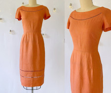 Vtg 1950s Peach Short Sleeve Linen Wiggle Dress, Ira Rentner 50s Sheath, Small picture