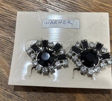 Vintage Warner Clip Earrings Black Clear Rhinestone  picture
