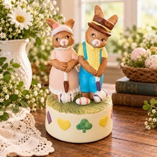 Vintage Brinn’s Bunny Rabbit Couple Wind Up Music Box Figurine Easter picture