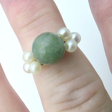 Ming's of Honolulu Hawaii 14K Jade & Cultured Pearl Ring sz 6&1/2 picture