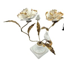 Vintage Capodimonte Porcelain 2 Birds 2 Flowers Sculpture Crown N Italy Gold picture