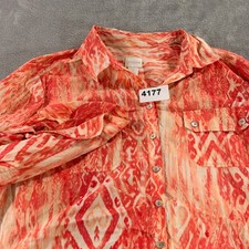 Chico's Button Down Shirt Women 2 Orange Ikat Tie Front Cotton Blouse 570130088 picture