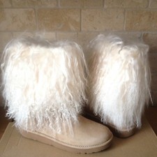UGG Lida Mongolian Fur Cuff Natural Suede Classic Short Boots Size US 6 Womens picture