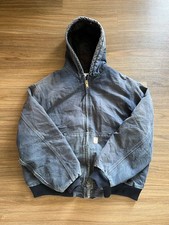 Distressed Carhartt blue tint quilted flannel lined duck active jacket XL picture
