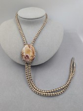 Vintage Banded Agate Bolo Tie Large Statement Stone Brown Cream Cord Lariat 1217 picture