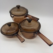 CorningWare Visions Pryex Brown Glass Saucepan Set w/ Lids, 6-Piece, USA picture