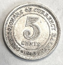 1943 British Malaya silver 5 cents, Royal Mint, George VI picture