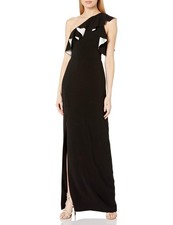 Halston Heritage Women's A-Line Flounce Crepe Gown, Black/Chalk, 12 picture