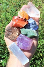 LARGE 7 Chakra Rough Stone Set - Seven Raw Stones, Selenite Stick & Directions picture