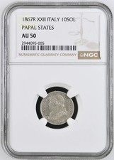 1867-R (SMALL) ITALIAN STATES Silver 10 SOLDI  NGC AU-50 R XXII PAPAL STATES picture