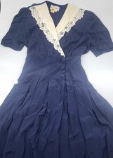 Vintage Karin Stevens Womens 14 Navy Rayon Midi Dress Lace Collar Cottagecore picture