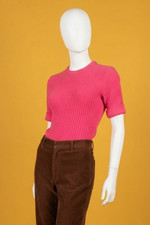 Vintage 1970s Basic Ribbed Knit Bubblegum Pink Short Sleeve Sweater Top Size S/M picture
