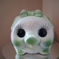 Vintage 1970's Large Hand Painted Ceramic Musical Piggy Bank Big Eyes And Lashes picture