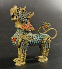Vintage Tibetan Brass Snow Lion Foo Dog Incense Burner Censer Turquoise Coral picture