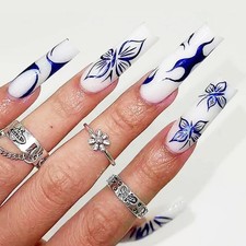 24 PCS Blue Butterfly Art, Long Length Long Water Pipe Fake Nails,Square Head Na picture