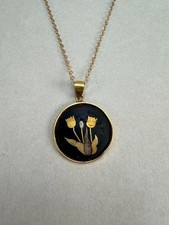 Vintage Japanese Amita Vintage Damascene Gold Tone Floral Pendant Necklace 17