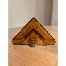 Vtg Wooden Napkin Holder/Tooth Pick Folk Art Floral Triangle Kitchen Decor picture