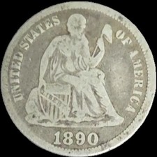 1890-P Seated Liberty Dime, 90% Silver, Very Good, No Arrows at Date,  Real Pics picture