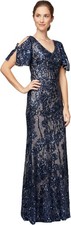 Alex Evenings Womens Sequin Dress w/Flutter Sleeves, Navy, Size 10 picture