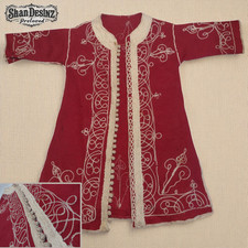 Antique Central Asian Child Chapan Robe Red Wool Hand Embroidered Folk Textile picture