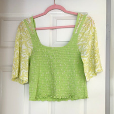 Free People Women’s Green Floral Smocked Square Neck Puff Sleeve picture