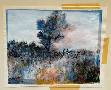 MEADOW LANDSCAPE WITH BLUE TREE ORIGINAL OIL PAINTING ON PAPER 12
